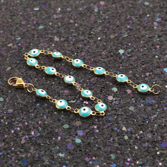 Immagine di 1 Pz Placcatura Sottovuoto 304 Acciaio Inossidabile Braccialetti Oro Placcato Verde Blu Malocchio Smalto 19.2cm Lunghezza