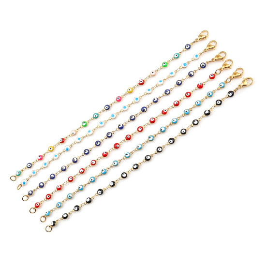 Immagine di 1 Pz Placcatura Sottovuoto 304 Acciaio Inossidabile Braccialetti Oro Placcato Verde Blu Malocchio Smalto 19.2cm Lunghezza