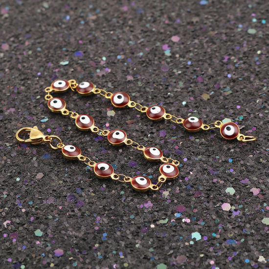 Immagine di 1 Pz Placcatura Sottovuoto 304 Acciaio Inossidabile Braccialetti Oro Placcato Colore di Vino Rosso Malocchio Smalto 19.2cm Lunghezza