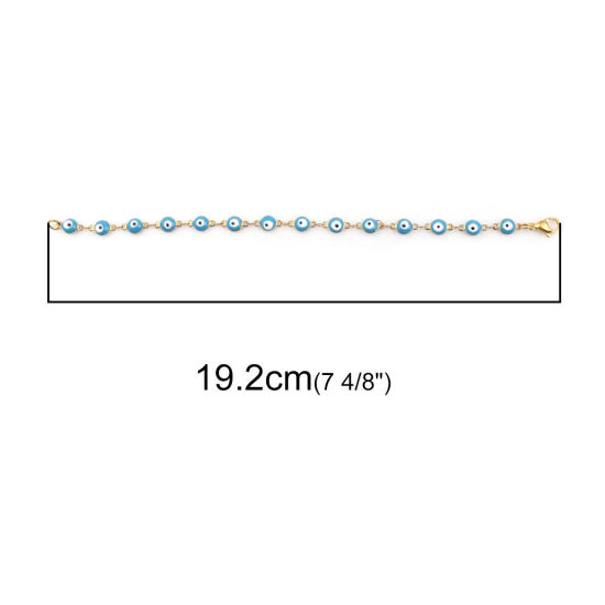 Immagine di 1 Pz Placcatura Sottovuoto 304 Acciaio Inossidabile Braccialetti Oro Placcato Blu Chiaro Malocchio Smalto 19.2cm Lunghezza
