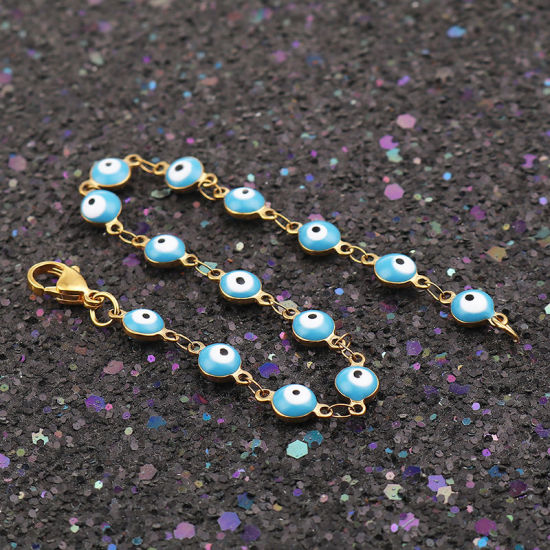 Immagine di 1 Pz Placcatura Sottovuoto 304 Acciaio Inossidabile Braccialetti Oro Placcato Blu Chiaro Malocchio Smalto 19.2cm Lunghezza