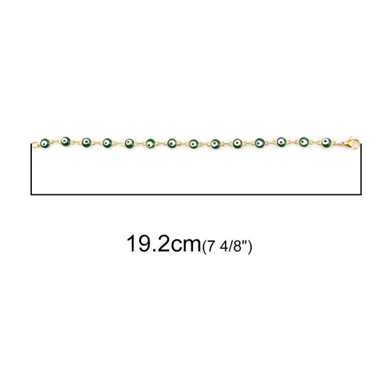 Immagine di 1 Pz Placcatura Sottovuoto 304 Acciaio Inossidabile Braccialetti Oro Placcato Verde Scuro Malocchio Smalto 19.2cm Lunghezza