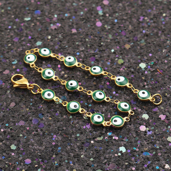 Immagine di 1 Pz Placcatura Sottovuoto 304 Acciaio Inossidabile Braccialetti Oro Placcato Verde Scuro Malocchio Smalto 19.2cm Lunghezza