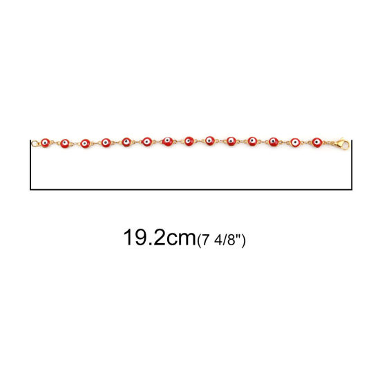 Immagine di 1 Pz Placcatura Sottovuoto 304 Acciaio Inossidabile Braccialetti Oro Placcato Rosso Malocchio Smalto 19.2cm Lunghezza