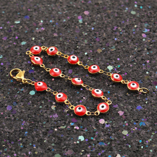 Immagine di 1 Pz Placcatura Sottovuoto 304 Acciaio Inossidabile Braccialetti Oro Placcato Rosso Malocchio Smalto 19.2cm Lunghezza
