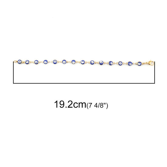 Immagine di 1 Pz Placcatura Sottovuoto 304 Acciaio Inossidabile Braccialetti Oro Placcato Blu Scuro Malocchio Smalto 19.2cm Lunghezza