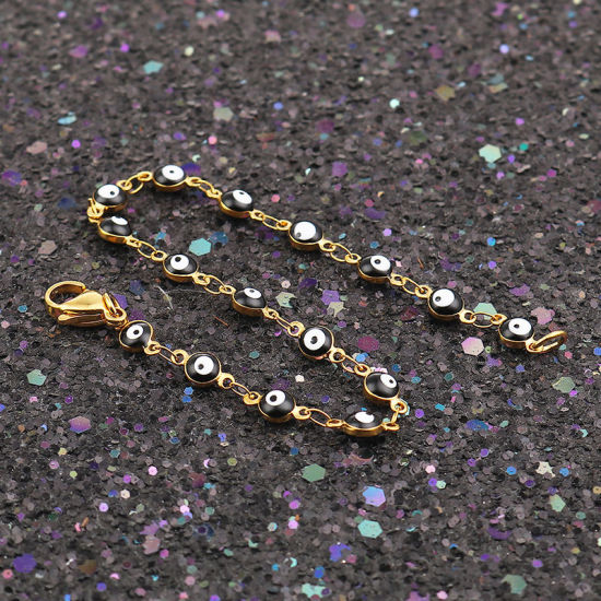 Picture of 1 Piece Vacuum Plating 304 Stainless Steel Bracelets Gold Plated Black Evil Eye Enamel 18.7cm(7 3/8") long