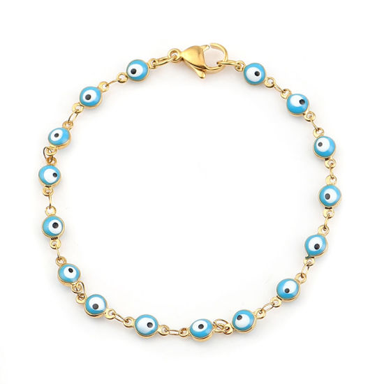 Picture of 1 Piece Vacuum Plating 304 Stainless Steel Bracelets Gold Plated Skyblue Evil Eye Enamel 18.7cm(7 3/8") long