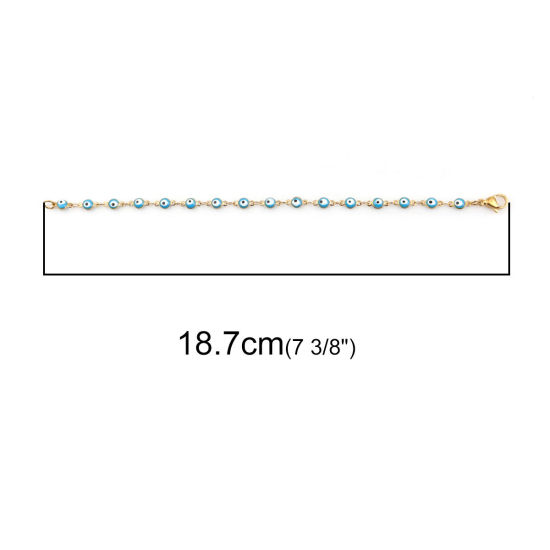 Picture of 1 Piece Vacuum Plating 304 Stainless Steel Bracelets Gold Plated Skyblue Evil Eye Enamel 18.7cm(7 3/8") long