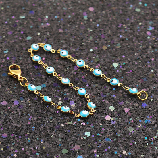 Picture of 1 Piece Vacuum Plating 304 Stainless Steel Bracelets Gold Plated Skyblue Evil Eye Enamel 18.7cm(7 3/8") long