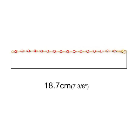 Picture of 1 Piece Vacuum Plating 304 Stainless Steel Bracelets Gold Plated Red Evil Eye Enamel 18.7cm(7 3/8") long