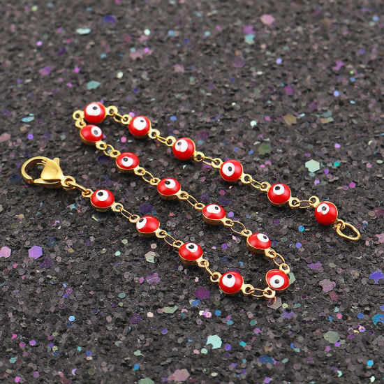 Picture of 1 Piece Vacuum Plating 304 Stainless Steel Bracelets Gold Plated Red Evil Eye Enamel 18.7cm(7 3/8") long