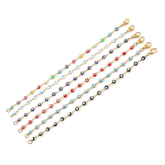 Picture of 1 Piece Vacuum Plating 304 Stainless Steel Bracelets Gold Plated Red Evil Eye Enamel 18.7cm(7 3/8") long