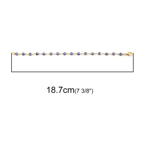 Picture of 1 Piece Vacuum Plating 304 Stainless Steel Bracelets Gold Plated Dark Blue Evil Eye Enamel 18.7cm(7 3/8") long