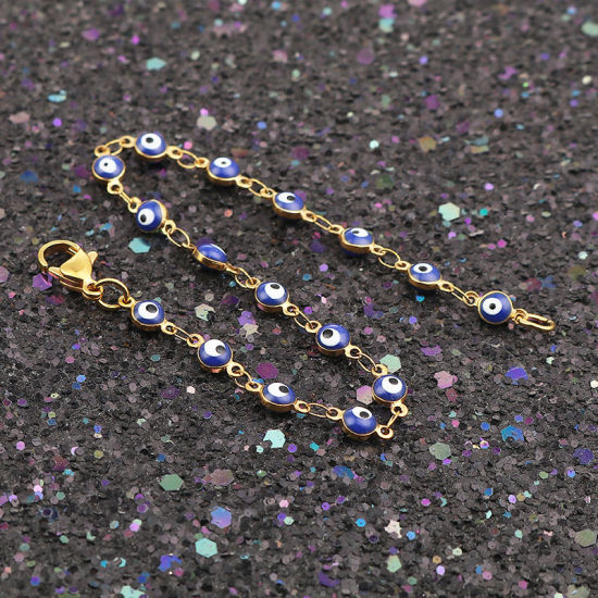 Picture of 1 Piece Vacuum Plating 304 Stainless Steel Bracelets Gold Plated Dark Blue Evil Eye Enamel 18.7cm(7 3/8") long