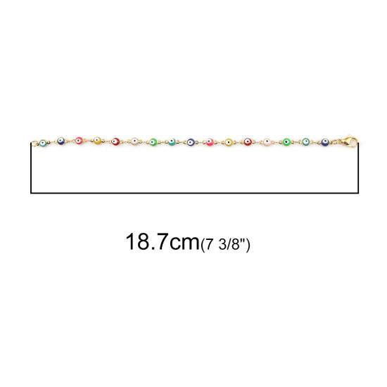 Picture of 1 Piece Vacuum Plating 304 Stainless Steel Bracelets Gold Plated Multicolor Evil Eye Enamel 18.7cm(7 3/8") long