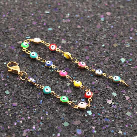 Picture of 1 Piece Vacuum Plating 304 Stainless Steel Bracelets Gold Plated Multicolor Evil Eye Enamel 18.7cm(7 3/8") long