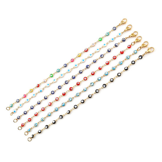 Picture of 1 Piece Vacuum Plating 304 Stainless Steel Bracelets Gold Plated Multicolor Evil Eye Enamel 18.7cm(7 3/8") long