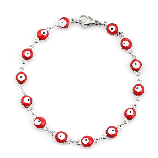 Picture of 304 Stainless Steel Bracelets Silver Tone Red Evil Eye Enamel 19cm(7 4/8") long, 1 Piece