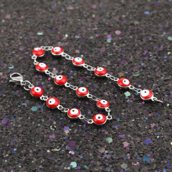 Picture of 304 Stainless Steel Bracelets Silver Tone Red Evil Eye Enamel 19cm(7 4/8") long, 1 Piece