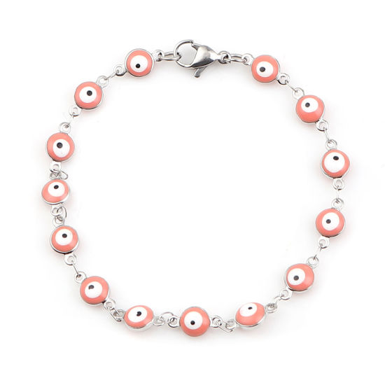 Picture of 304 Stainless Steel Bracelets Silver Tone Peach Pink Evil Eye Enamel 19cm(7 4/8") long, 1 Piece