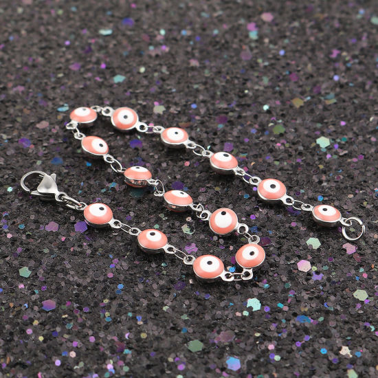 Picture of 304 Stainless Steel Bracelets Silver Tone Peach Pink Evil Eye Enamel 19cm(7 4/8") long, 1 Piece