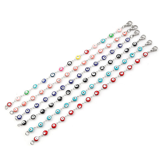 Picture of 304 Stainless Steel Bracelets Silver Tone Peach Pink Evil Eye Enamel 19cm(7 4/8") long, 1 Piece