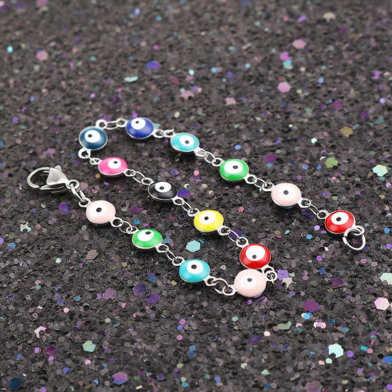 Picture of 304 Stainless Steel Bracelets Silver Tone Multicolor Evil Eye Enamel 19.5cm(7 5/8") long, 1 Piece