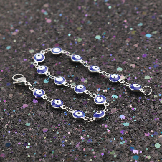 Picture of 304 Stainless Steel Bracelets Silver Tone Deep Blue Evil Eye Enamel 19cm(7 4/8") long, 1 Piece