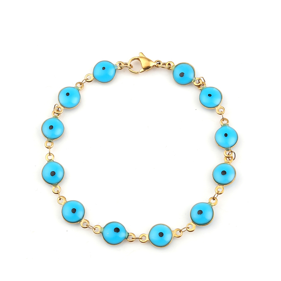 Immagine di 304 Acciaio Inossidabile Braccialetti Oro Placcato Blu Polka Dot Smalto 20.4cm Lunghezza, 1 Pz
