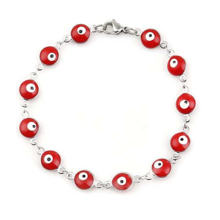Picture of 304 Stainless Steel Bracelets Silver Tone Red Evil Eye Enamel 20.3cm(8") long, 1 Piece