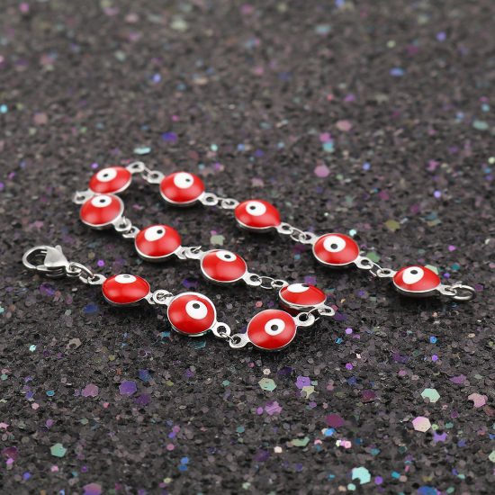 Imagen de 304 Acero Inoxidable Pulseras Tono de Plata Rojo Mal de ojo Esmalte 20.3cm longitud, 1 Unidad