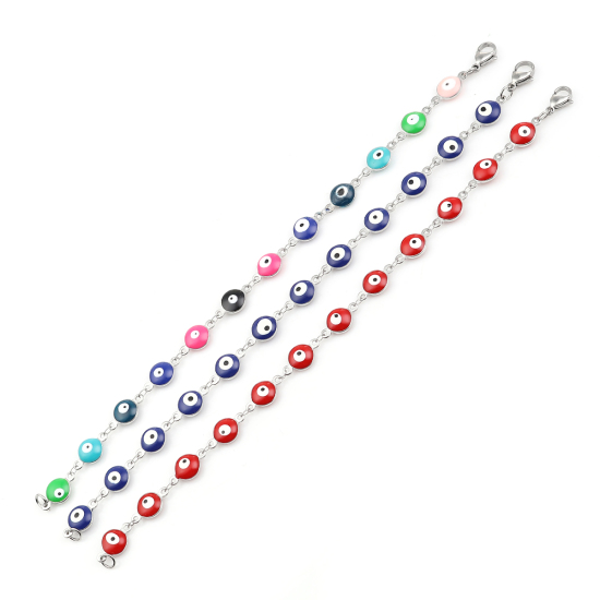 Imagen de 304 Acero Inoxidable Pulseras Tono de Plata Rojo Mal de ojo Esmalte 20.3cm longitud, 1 Unidad