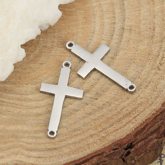 Picture of 304 Stainless Steel Connectors Cross Silver Tone 18mm x 9mm, 10 PCs