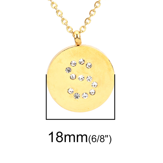 316ステンレス鋼 ネックレス 金メッキ 円形 キャピタルレター 文字“ S ” 透明 ラインストーン 45cm長さ、 1 本 の画像