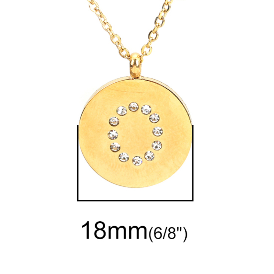 316ステンレス鋼 ネックレス 金メッキ 円形 キャピタルレター 文字“ O ” 透明 ラインストーン 45cm長さ、 1 本 の画像