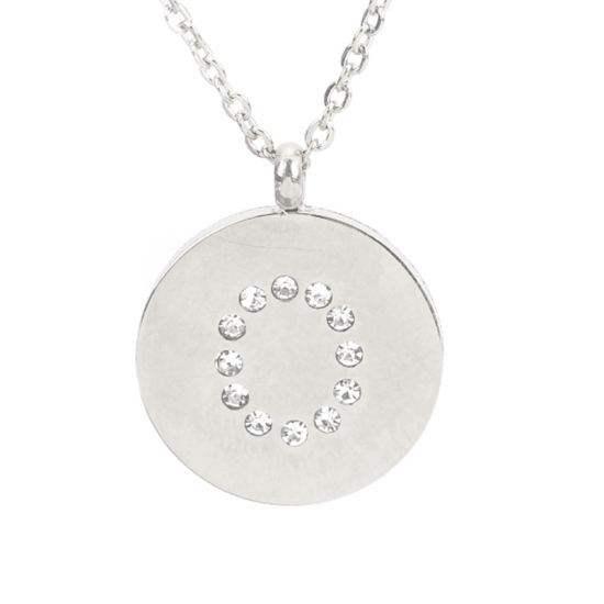 Image de Colliers en 316 Acier Inoxydable Argent Mat Rond Alphabet Initial/ Lettre Majuscule Gravé Mot " O " Transparent Strass 44cm Long, 1 Pièce