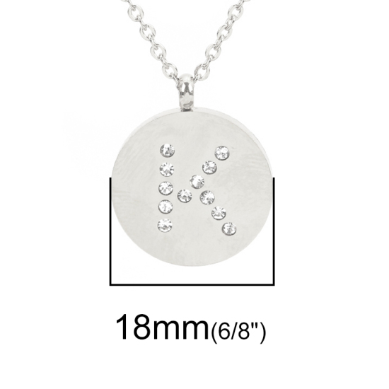 Imagen de 316 Acero Inoxidable Collares Tono de Plata Ronda Mayúscula Letra " K " Transparente Rhinestone 44cm longitud, 1 Unidad