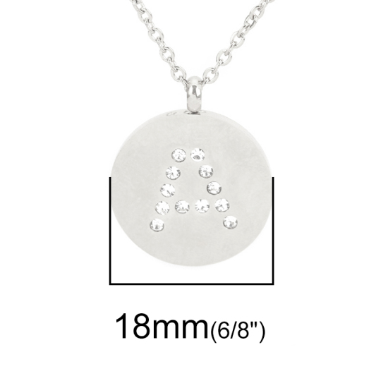 316ステンレス鋼 ネックレス シルバートーン 円形 キャピタルレター 文字“ A ” 透明 ラインストーン 44cm長さ、 1 本 の画像