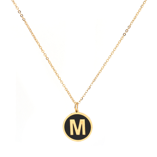 Picture of 316 Stainless Steel Necklace Gold Plated Black Round Initial Alphabet/ Capital Letter Message " M " Enamel 45cm(17 6/8") long, 1 Piece