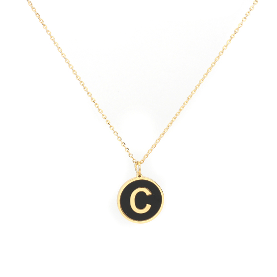 Picture of 316 Stainless Steel Necklace Gold Plated Black Round Initial Alphabet/ Capital Letter Message " C " Enamel 45cm(17 6/8") long, 1 Piece