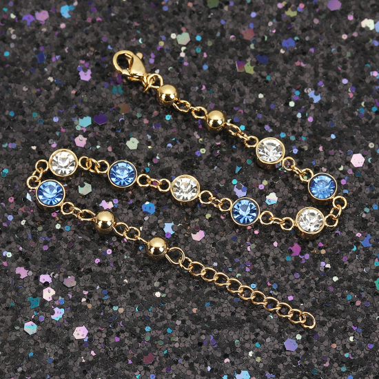 Picture of 304 Stainless Steel Bracelets Gold Plated Blue Rhinestone 16.6cm(6 4/8") long, 1 Piece