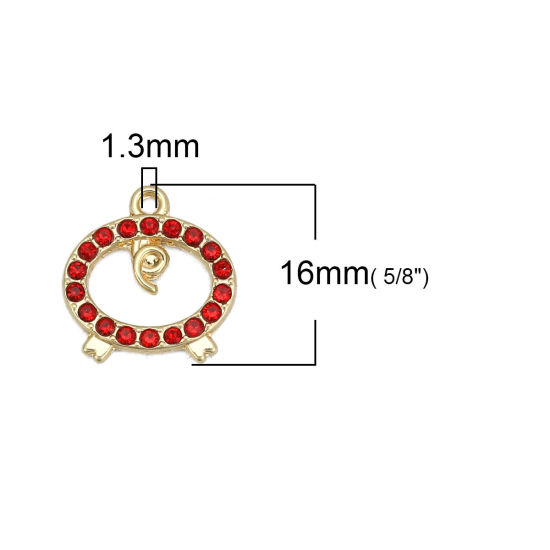 Immagine di Lega di Zinco Charms Porco Oro Placcato Rosso Strass 16mm x 15mm , 10 Pz