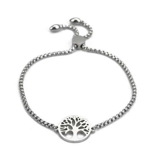 Picture of 316 Stainless Steel Adjustable Slider/ Slide Bolo Bracelets Silver Tone Tree of Life 26cm(10 2/8") long, 6 PCs