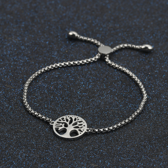 Picture of 316 Stainless Steel Adjustable Slider/ Slide Bolo Bracelets Silver Tone Tree of Life 26cm(10 2/8") long, 6 PCs