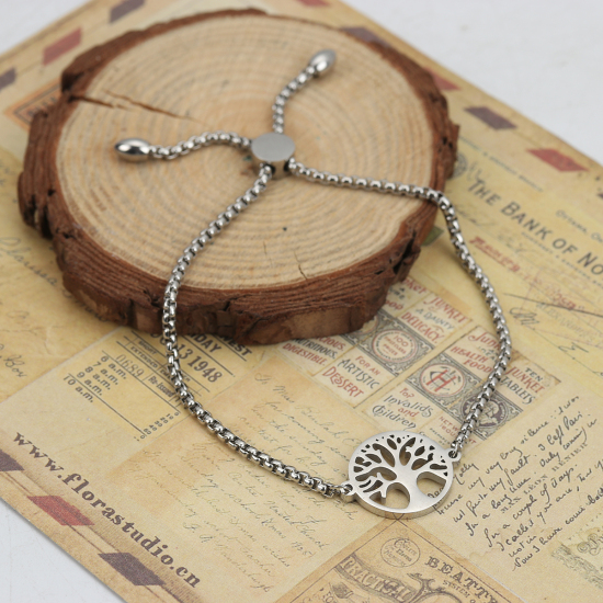 Picture of 316 Stainless Steel Adjustable Slider/ Slide Bolo Bracelets Silver Tone Tree of Life 26cm(10 2/8") long, 6 PCs