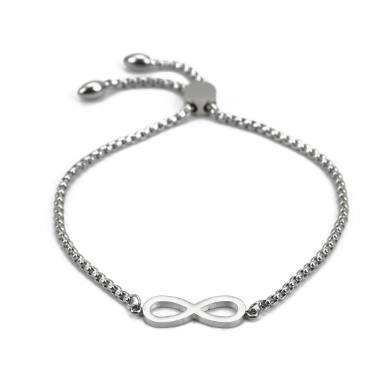Picture of 316 Stainless Steel Adjustable Slider/ Slide Bolo Bracelets Silver Tone Infinity Symbol 26.5cm(10 3/8") long, 6 PCs