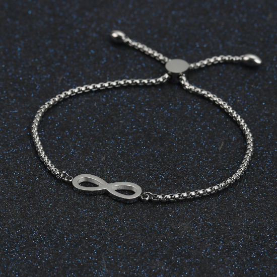 Picture of 316 Stainless Steel Adjustable Slider/ Slide Bolo Bracelets Silver Tone Infinity Symbol 26.5cm(10 3/8") long, 6 PCs