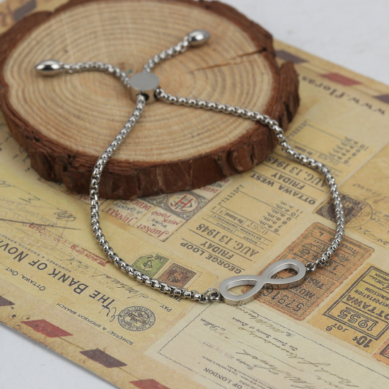 Picture of 316 Stainless Steel Adjustable Slider/ Slide Bolo Bracelets Silver Tone Infinity Symbol 26.5cm(10 3/8") long, 6 PCs