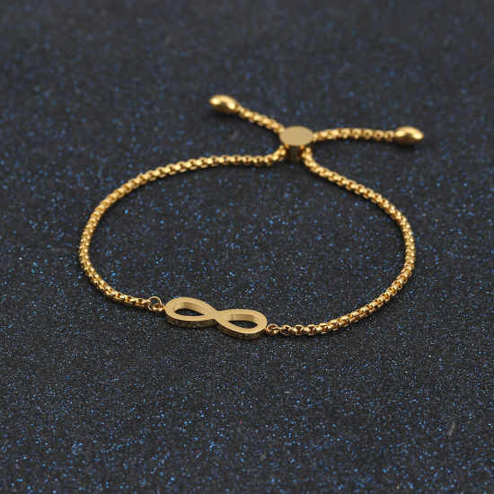 Picture of 316 Stainless Steel Adjustable Slider/ Slide Bolo Bracelets Gold Plated Infinity Symbol 26.5cm(10 3/8") long, 6 PCs